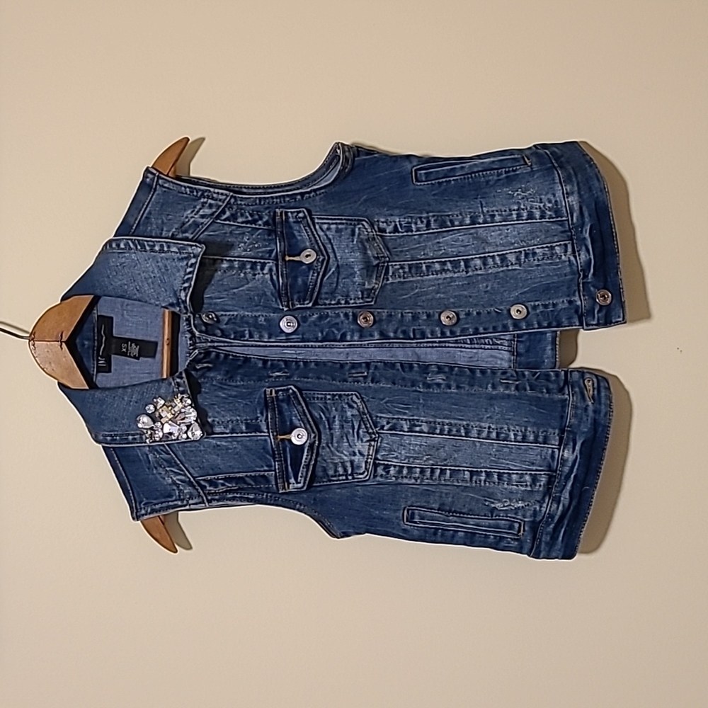INC. Denim Vest with Bejeweled collar piece
